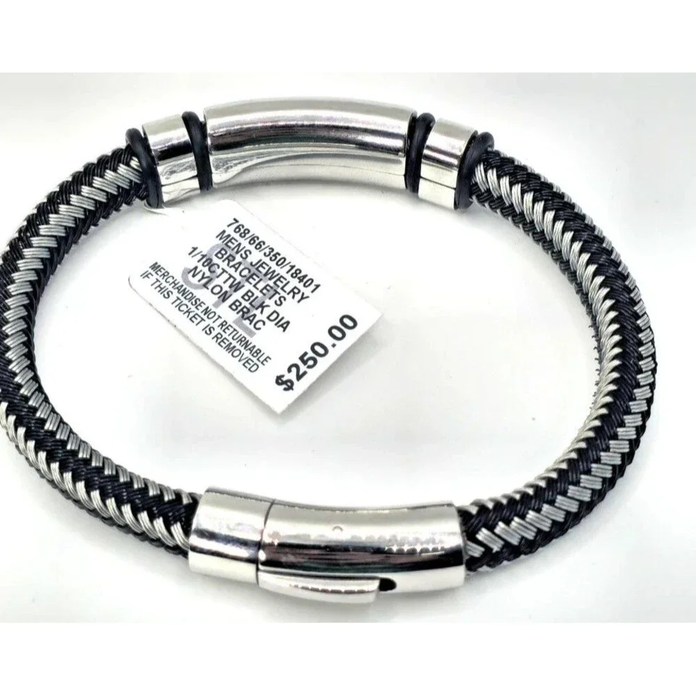 Macy's Men's Black & Silver Stainless Steel Braided Bracelet with Accent Stones